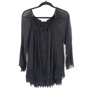 Tempo‎ Paris Silk Peasant Top Womens L Black Prairie Boho Dark Feminine Bohemian
